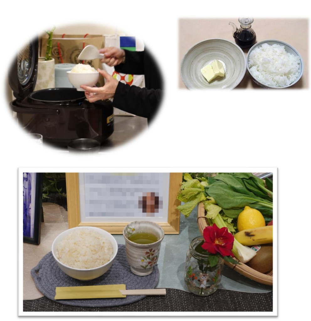 葬儀会場でのお供え物の様子。炊飯器からよそった出来立てのご飯とバター・醤油のセット、写真立ての前に並べられたお茶とご飯、新鮮な野菜や果物が温かく手向けられている様子。