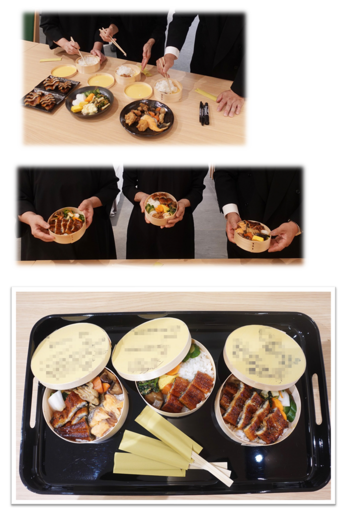 家族葬やアットホームなお別れ会での食事演出。故人の好物を詰め込み、蓋にメッセージを書き込んだ手作りお弁当を囲むご家族の温かいひとコマ